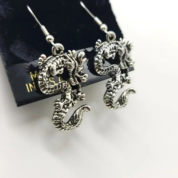 Giovanni Silver Tone Ornate Tibetan Dragon Dangle Earrings - Picture 2 of 4